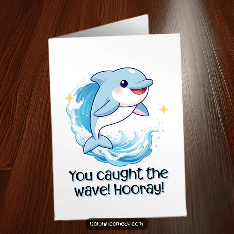 Funny Free Printable Congratulations Card: A happy dolphin energetically leaps through a cresting, sparkling wave, symbolizing a triumphant moment.