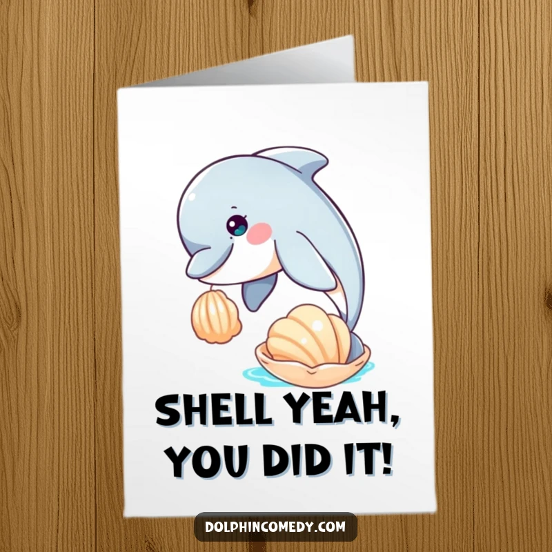 Funny free printable congratulations card: A curious dolphin gently nudges a beautiful seashell floating on the water's surface happily.