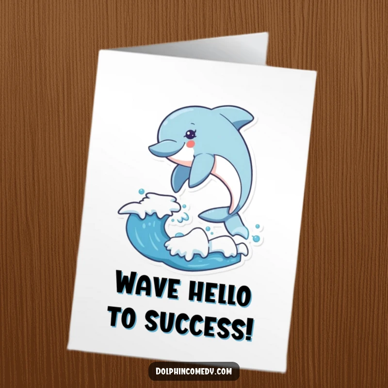 Funny Free Printable Congratulations Card showing an excited dolphin mid-air, soaring over a powerful ocean wave.