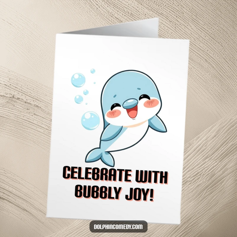 Funny Free Printable Congratulations Card showing a happy dolphin blowing a stream of celebratory bubbles.