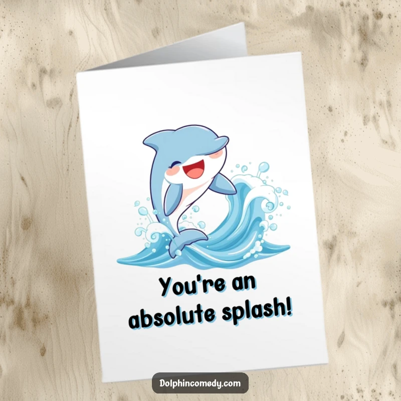 Funny free printable congratulations card: A joyful dolphin with a wide smile leaps energetically out of a sparkling ocean wave.