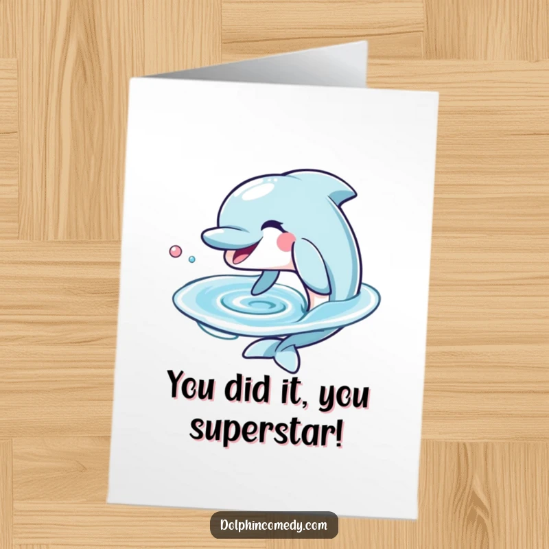 Funny Free Printable Congratulations Card: Grinning dolphin creating a perfect water ring, celebrating your amazing news.