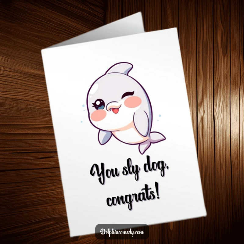 Free Printable Congratulations Card: Dolphin with rosy cheeks gives a knowing, playful wink of congratulations.