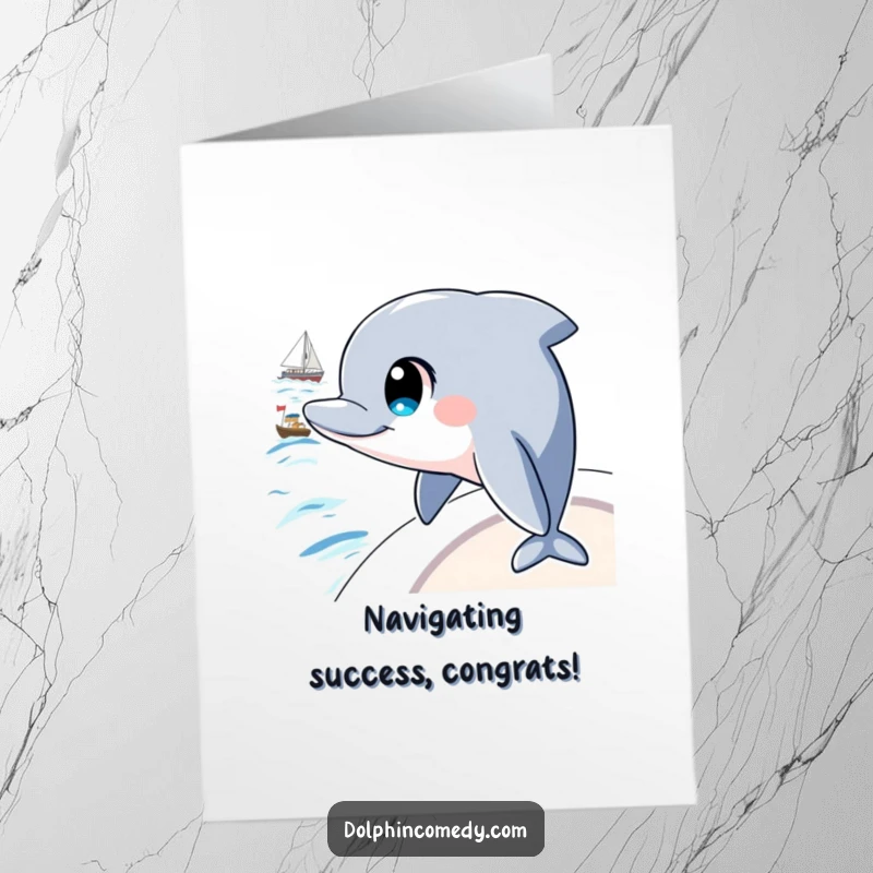 Funny Free Printable Congratulations Card: A dolphin with intelligent eyes observes a boat, symbolizing keen observation and successful navigation.