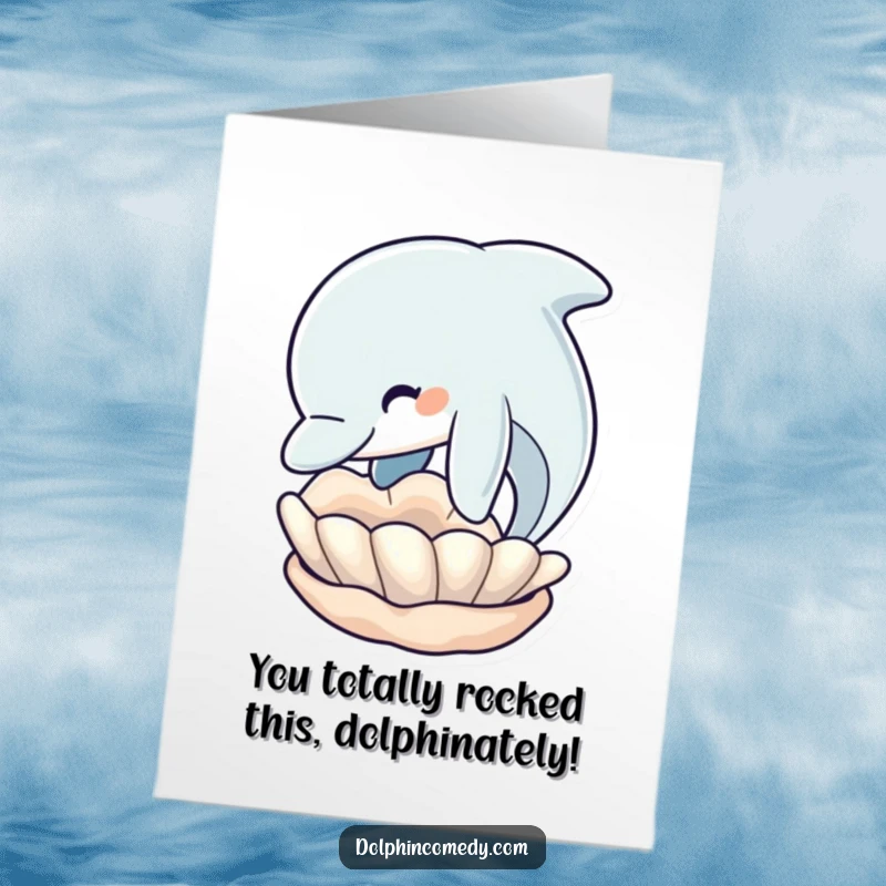 Funny free printable congratulations card: a dolphin's snout nudging a shiny seashell, celebrating success.