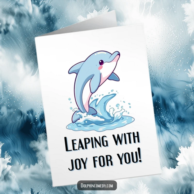 Funny Free Printable Congratulations Card: A dolphin joyfully leaping from the water in a grand arc, celebrating success with aquatic exuberance.