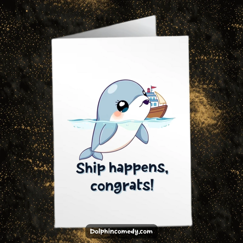 Funny Free Printable Congratulations Card: Startled dolphin eyes wide at a passing ship, a hilarious surprise.