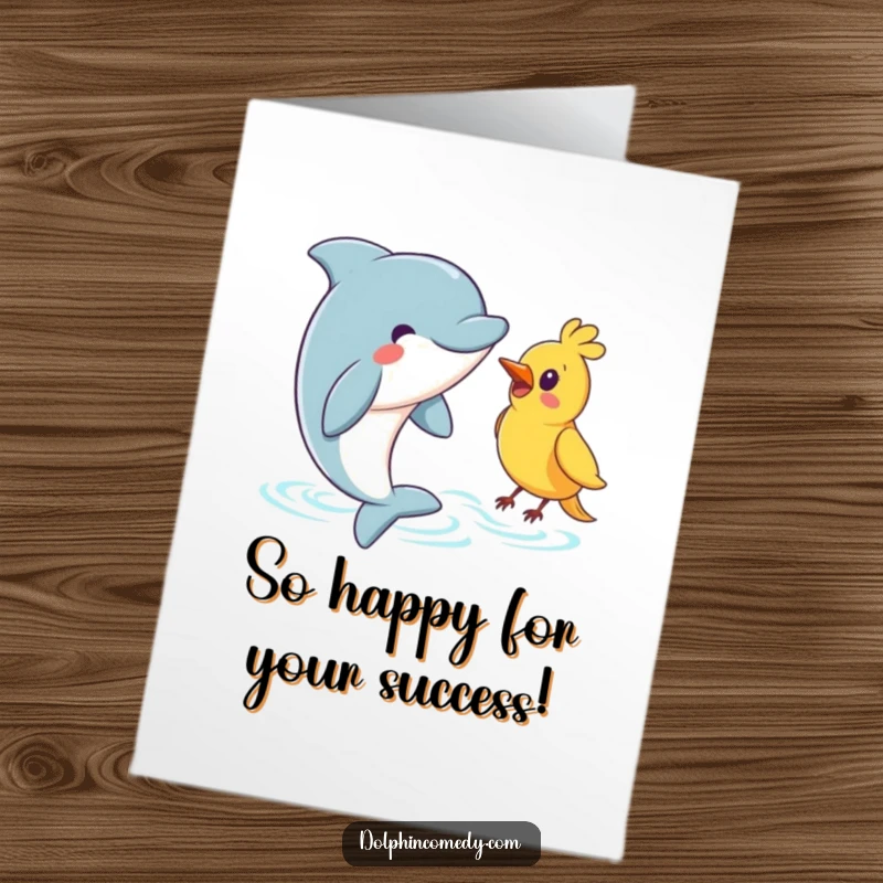 Funny Free Printable Congratulations Card featuring a friendly dolphin surfacing to give a warm greeting to a perched bird.