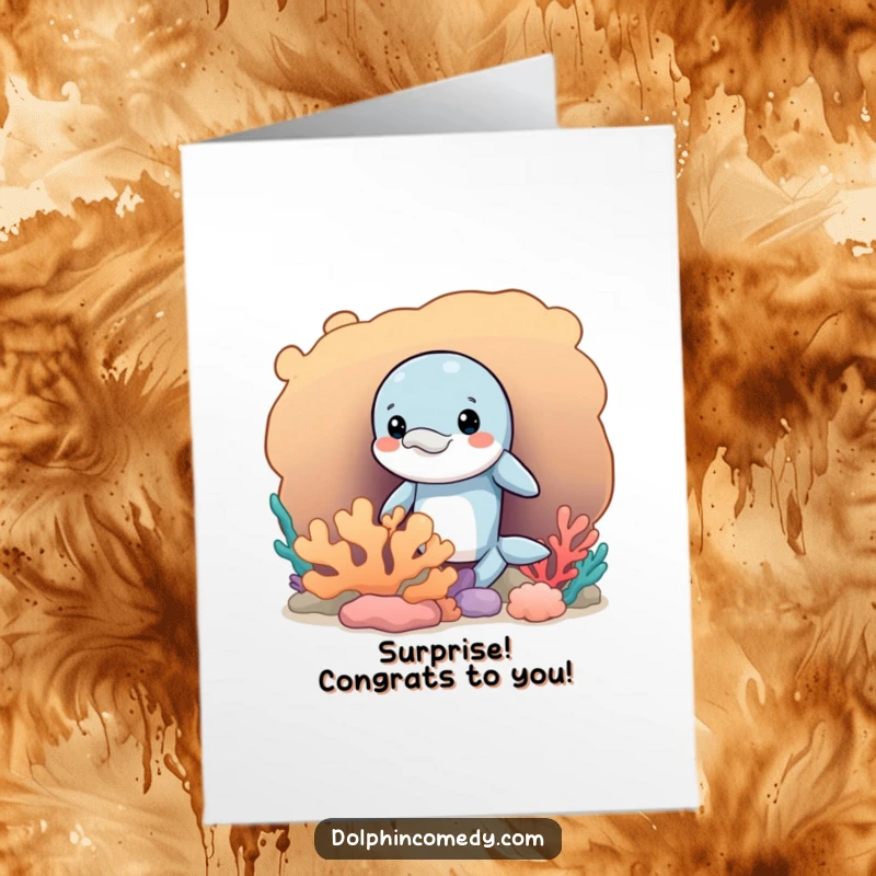 Funny Free Printable Congratulations Card: A dolphin with a sly expression peeks from coral.
