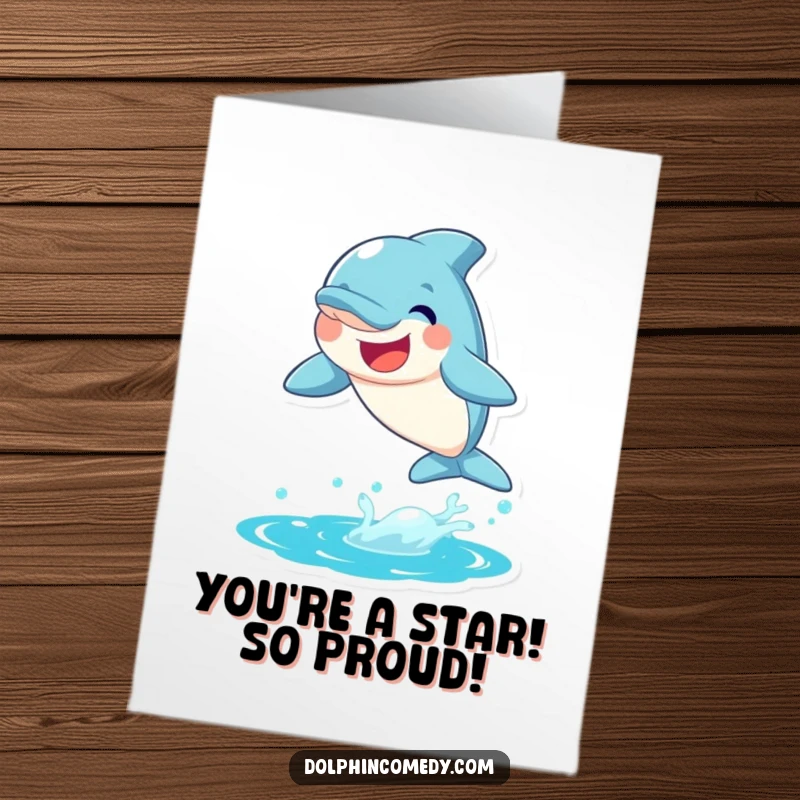 Funny free printable congratulations card: a smiling dolphin leaping joyfully from the water, celebrating a big achievement.