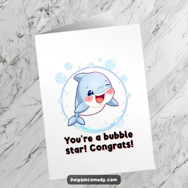 Funny Free Printable Congratulations Card: A dolphin with sparkling eyes performs an impressive leap through a dazzling bubble hoop.