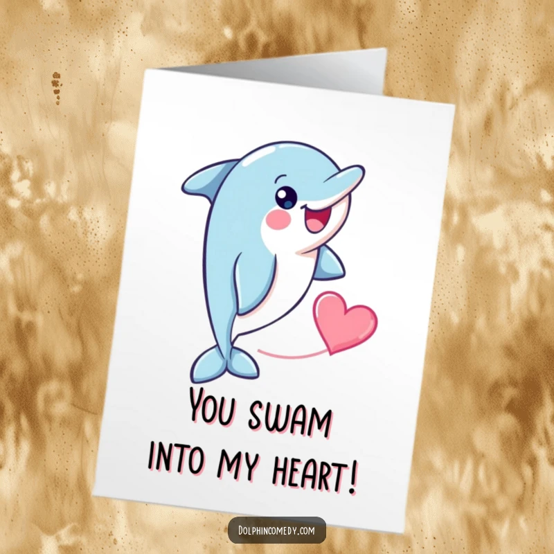 Funny Free Printable Congratulations Card: Happy dolphin swimming along, trailing a sweet heart shape.