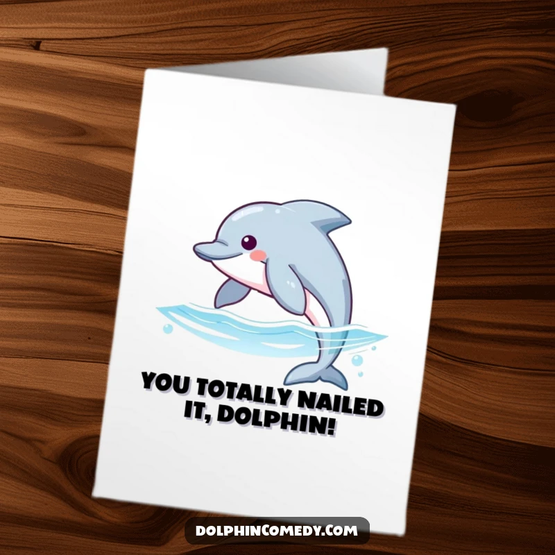 Funny Free Printable Congratulations Card showing a sleek dolphin breaching waves, symbolizing achievement and aquatic celebration.