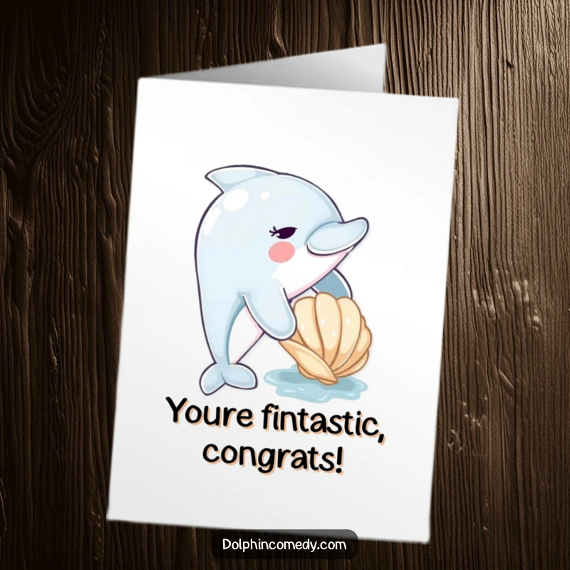 Funny Free Printable Congratulations Card: A cute dolphin playfully nudging a seashell, perfect for celebrating.