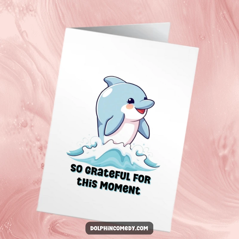 Funny Free Printable Thank You Card: A dolphin joyfully leaps from waves, expressing sincere gratitude with an energetic, happy vibe.