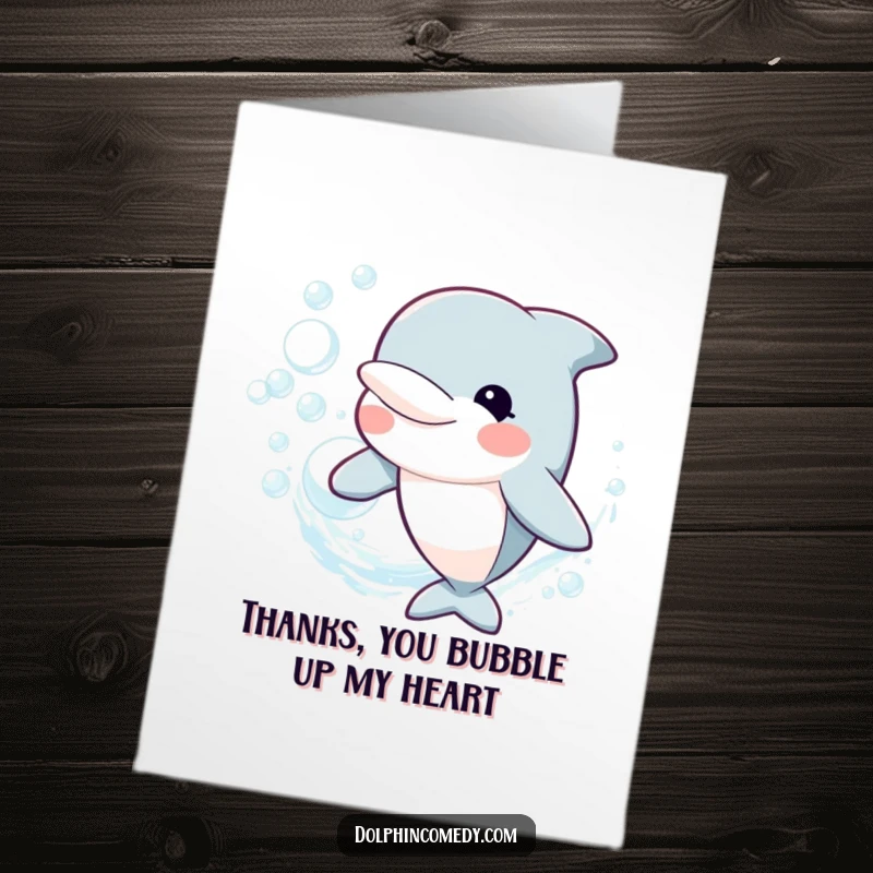 Funny free printable thank you card featuring a happy dolphin blowing a delicate ring of iridescent bubbles to convey thanks.