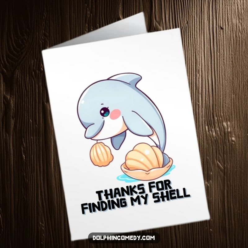 Funny free printable thank you card: A dolphin with an inquisitive look playfully nudges a delicate seashell floating on the water.