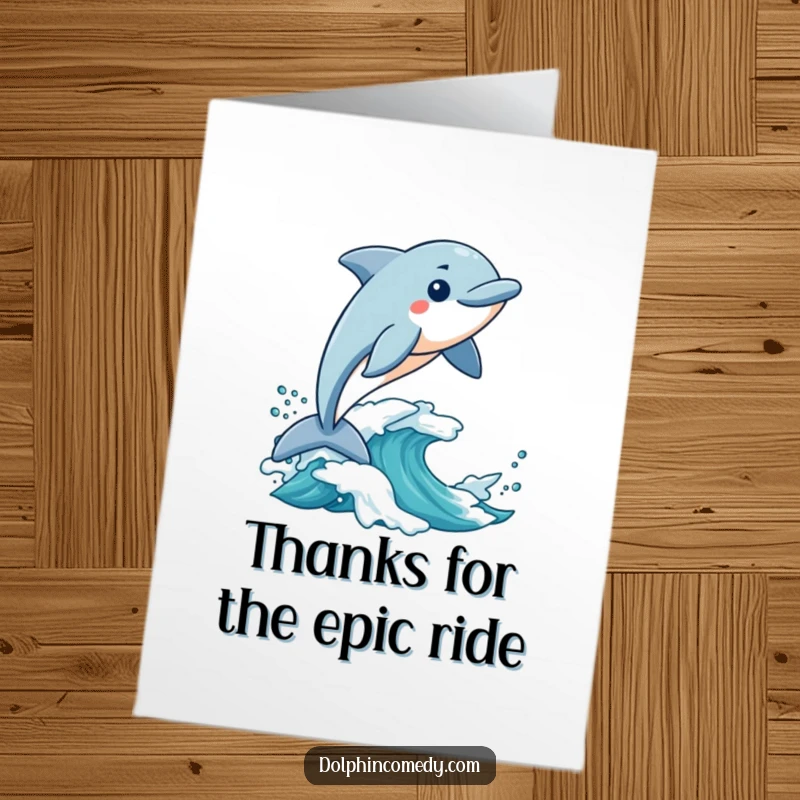 Free Printable Thank You Card: Dolphin riding an exciting wave, conveying enthusiastic thanks.