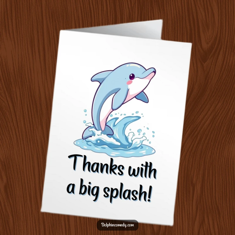 Funny Free Printable Thank You Card: A dolphin in mid-air, leaping joyfully from the water, conveying thanks with dynamic energy.