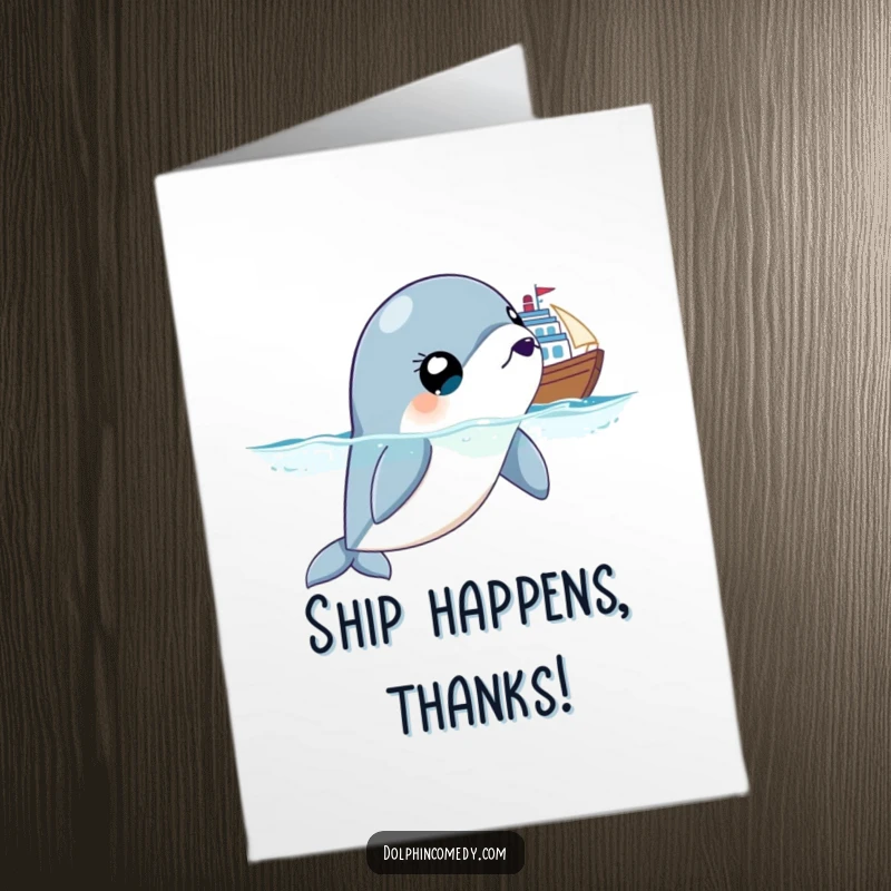 Funny Free Printable Thank You Card: Dolphin with wide eyes reacts to a giant ship sailing by.