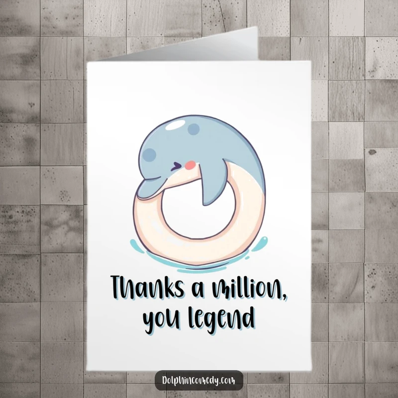 Funny Free Printable Thank You Card: Dolphin with a friendly nudge offering a ring as thanks.