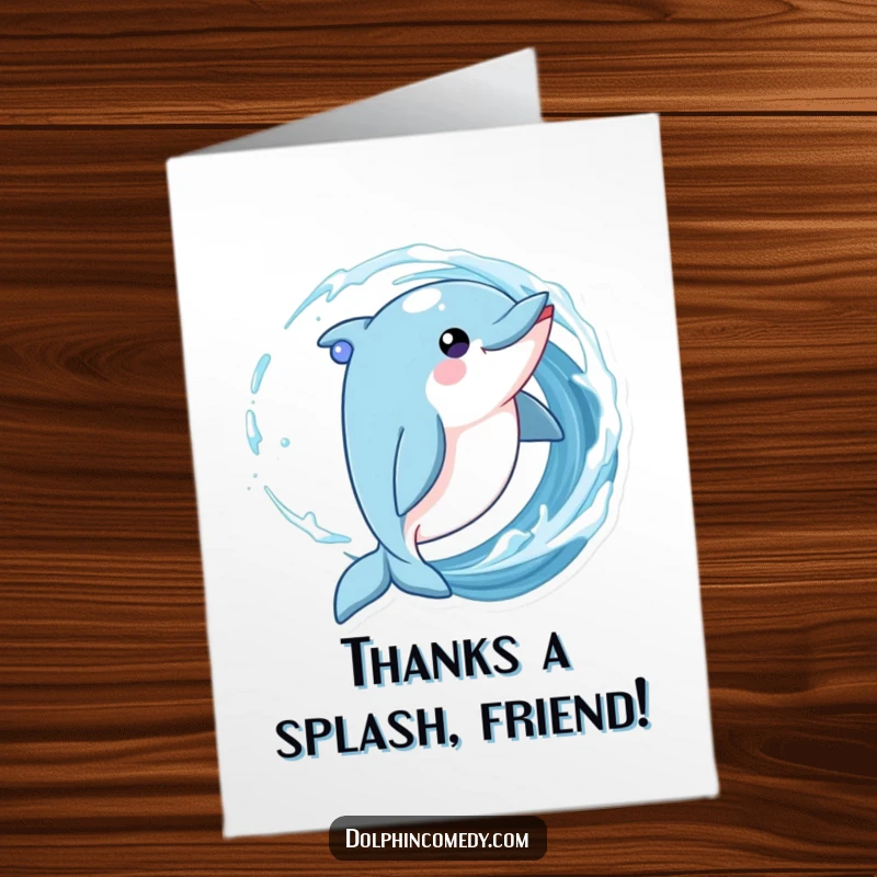 Funny free printable thank you card: a dolphin twirling in a wave, eyes sparkling, conveying a shimmering thank you.