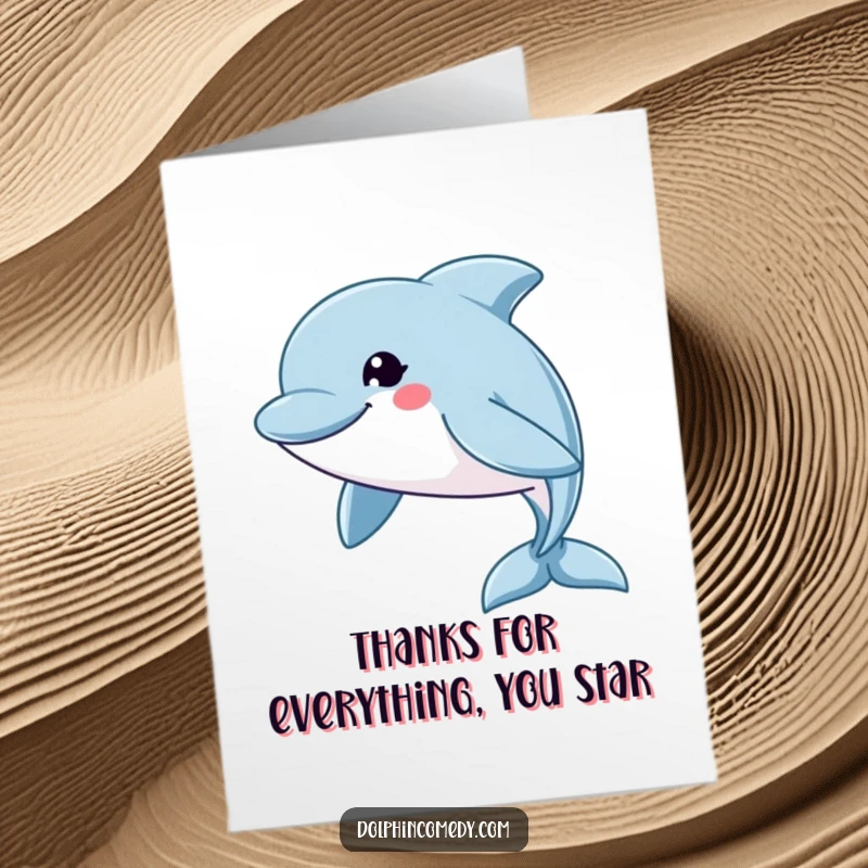 Free Printable Thank You Card: Dolphin with a wide, friendly grin swims quickly to express thanks.