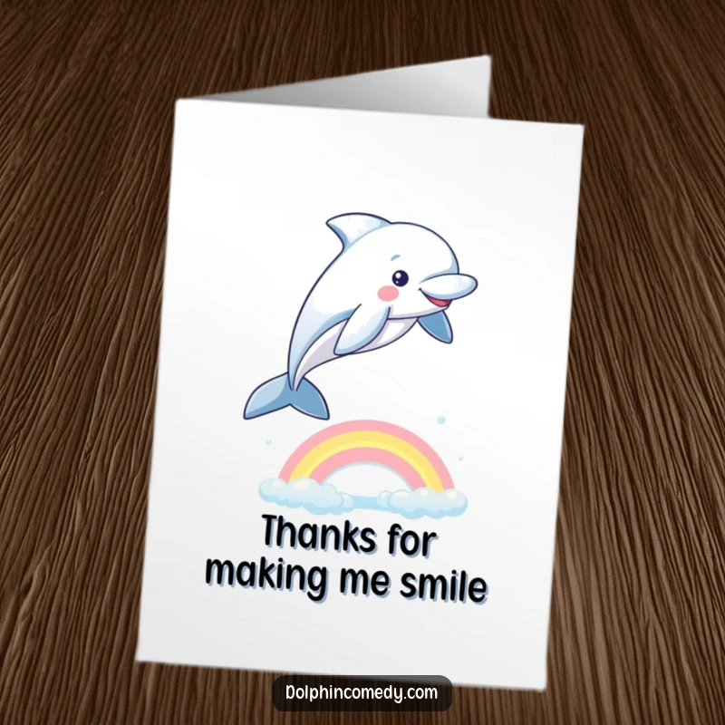 Funny Free Printable Thank You Card depicting a happy dolphin leaping over a vibrant rainbow with a playful spirit.