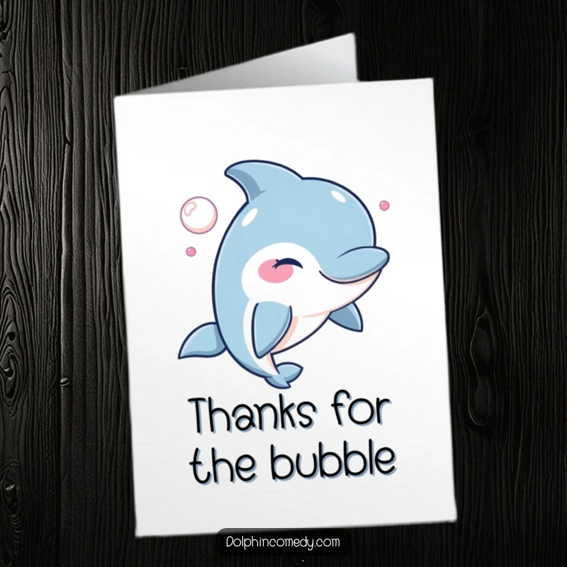 Funny Free Printable Thank You Card: A dolphin winks slyly while blowing a bubble, sending a playful thank you, downloadable.