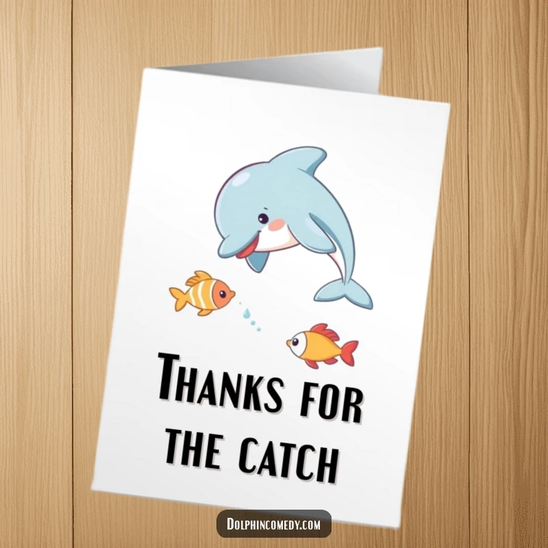 Funny Free Printable Thank You Card: A dolphin playfully chases a fish in the water, showing a fun, energetic thank you, downloadable.