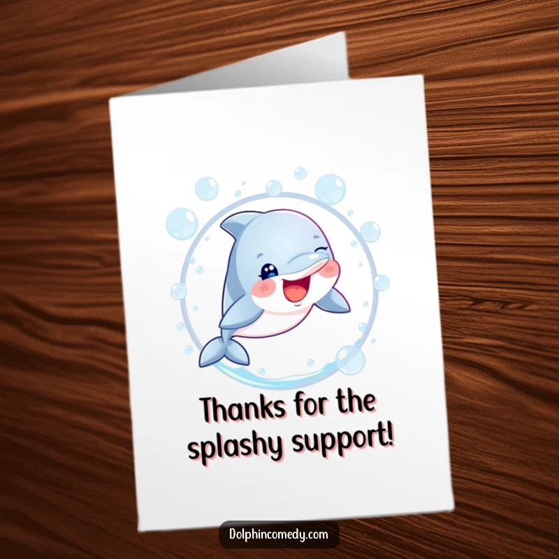 Funny Free Printable Thank You Card: A cheerful dolphin with radiant eyes soaring through the air over a hoop of bubbles.