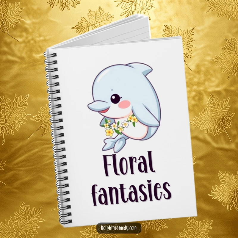 Funny notebook cover featuring a happy dolphin swimming decoratively with a flower garland, ideal for journaling and notes.