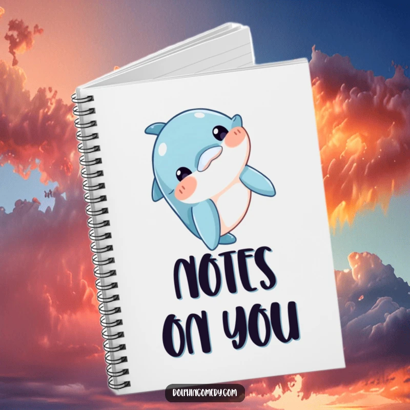 Funny Notebook cover featuring a curious dolphin character bobbing its head, ideal for writing, drawing, and note-taking, a fun funny gift.