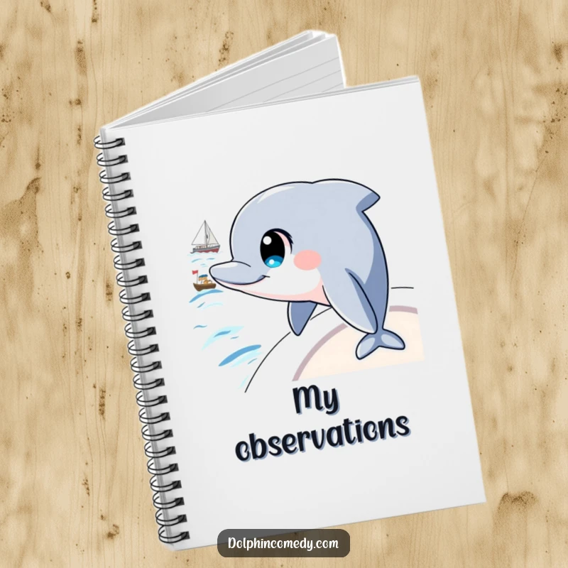 Funny notebook cover featuring a dolphin with large, intelligent eyes, observing a boat, ideal for journaling and note-taking.