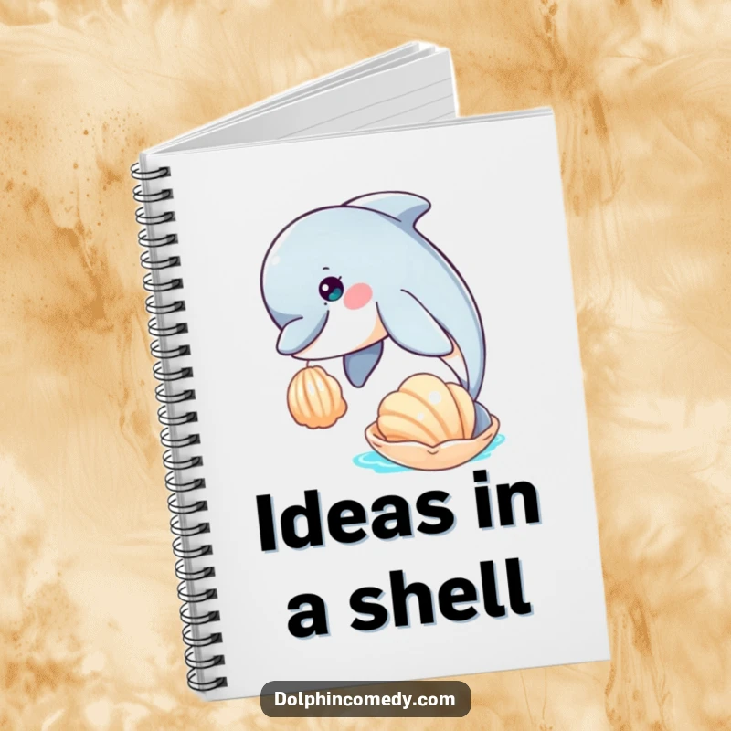 Funny journal notebook featuring a curious dolphin nudging a seashell, perfect for jotting down thoughts and ideas.