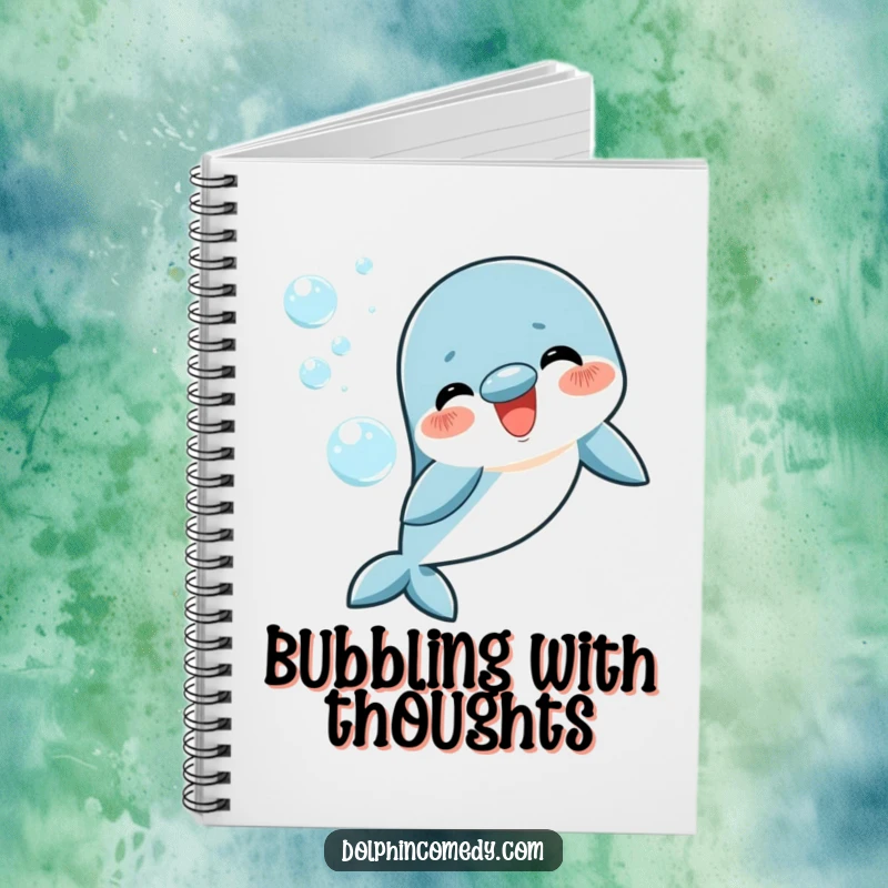 Funny happy dolphin notebook, blowing artistic bubble rings, ideal for journaling and notes, humorous supply.