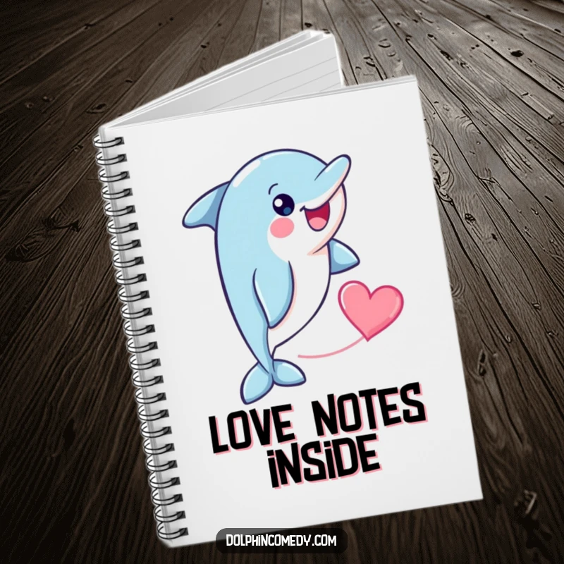 Funny cheerful dolphin with a heart shape trailing behind it, featured on a notebook cover for writing and inspiration.
