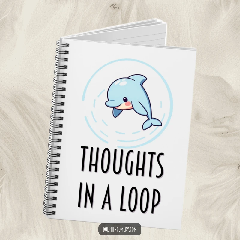 Funny Notebook cover featuring a playful dolphin creating circular water ripples, ideal for writing, drawing, and note-taking, a fun funny gift.