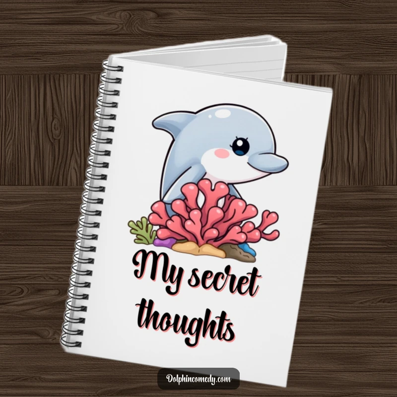 Funny ruled notebook with a curious dolphin peeking from behind coral, ideal for journaling.