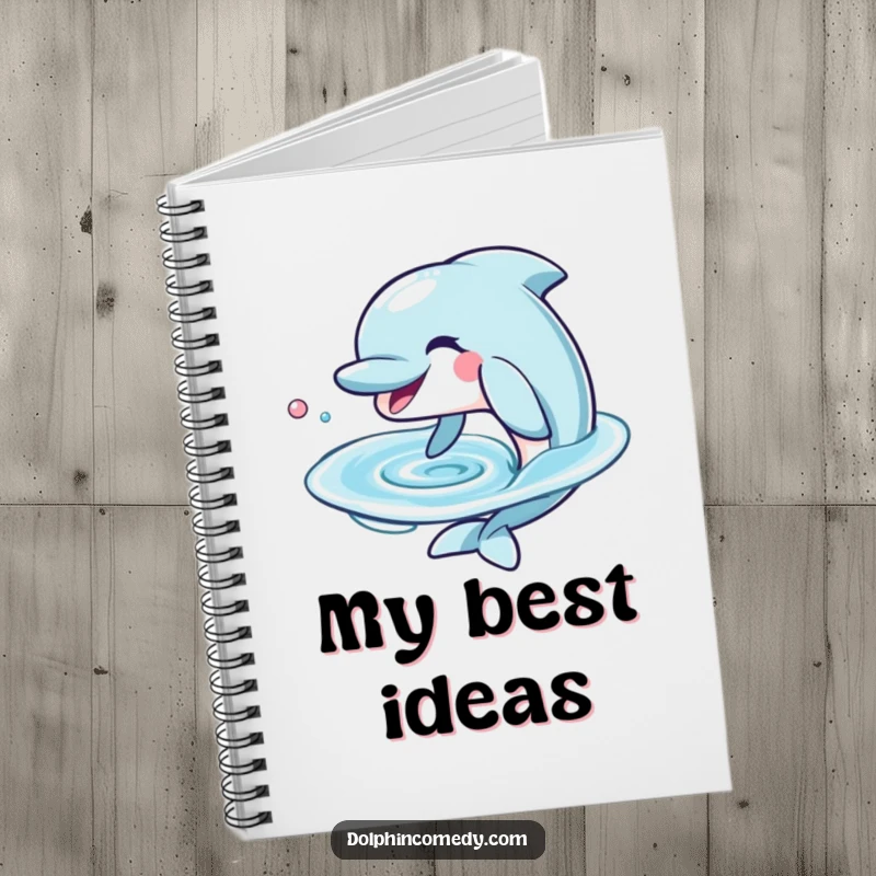 Funny Dolphin Notebook with a playful grinning dolphin blowing a water ring, ideal for jotting notes with ocean-themed humor.