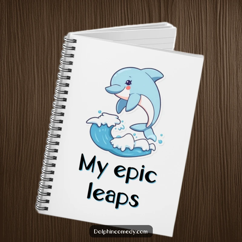 Funny dolphin notebook cover with an excited dolphin leaping over a wave, ready for your notes.
