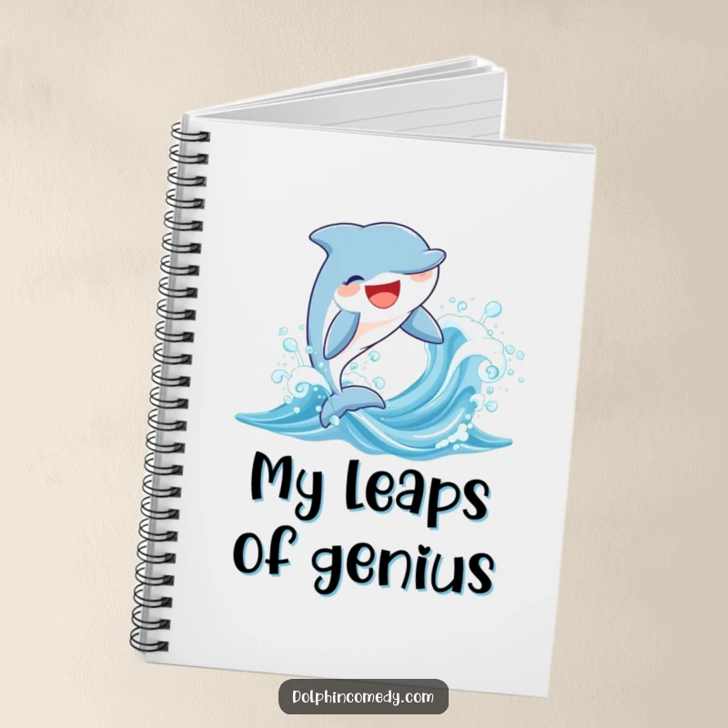 Funny spiral notebook with a design of a joyful dolphin leaping from a sparkling wave, great for notes and sketches.