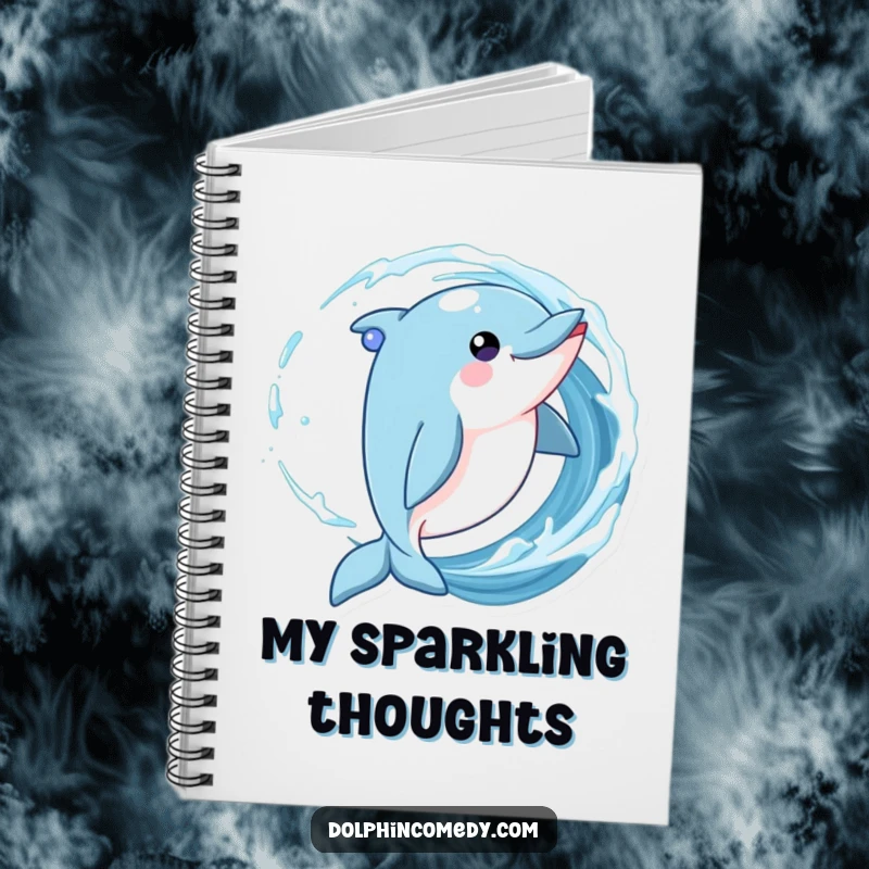 Funny Dolphin Notebook with a playful dolphin twirling in a wave with sparkling eyes, perfect for journaling.