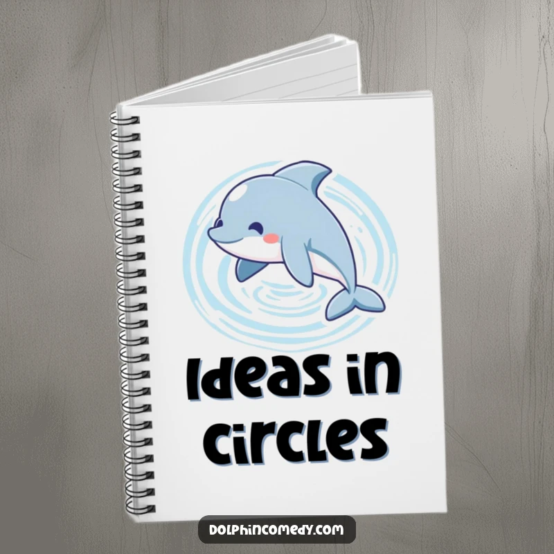 Funny playful dolphin notebook featuring a dolphin swimming in a circle, creating ripples, ideal for notes.