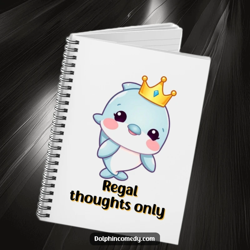 Funny notebook with a regal dolphin wearing a crown, designed for jotting down notes with a touch of aquatic majesty.
