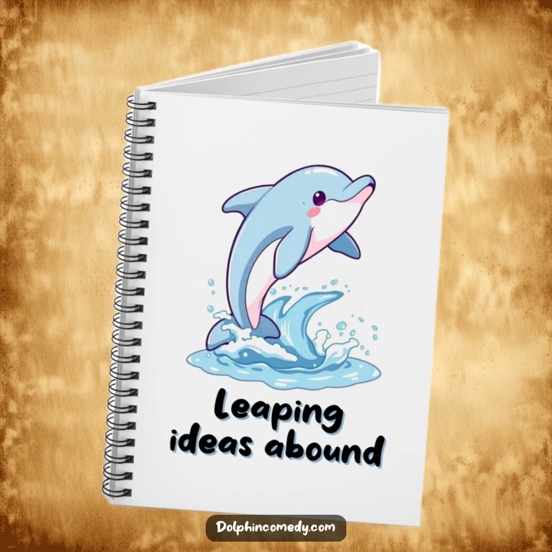 Funny notebook featuring a dolphin making a joyous leap from the water, ideal for jotting down happy thoughts.