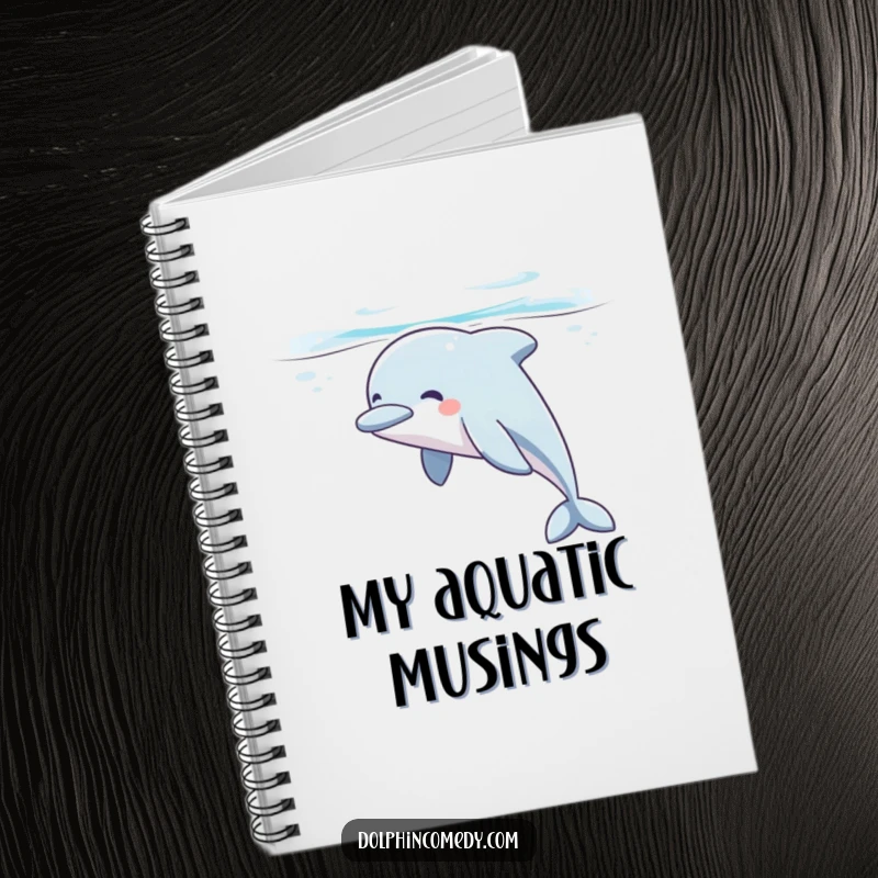 Funny dolphin notebook with a contented dolphin sighing peacefully while gliding underwater, ideal for journaling and creative, humorous notes.