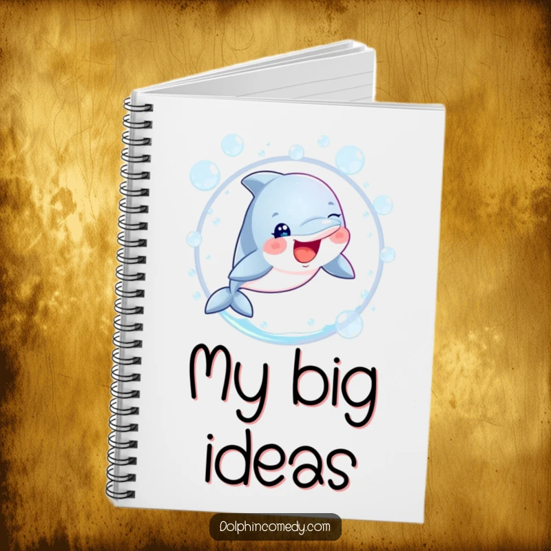 Funny dolphin with sparkling eyes leaping through bubbles on the cover of a notebook, inspiring imaginative thoughts.