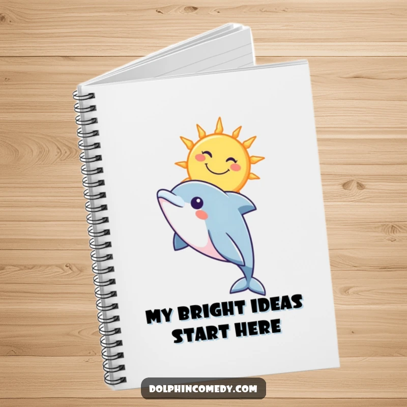 Funny notebook with a curious dolphin looking up at a stylized, smiling sun, perfect for capturing bright ideas.