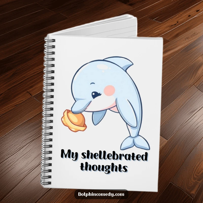 Funny Dolphin Notebook with a curious dolphin tilting its head to examine a shiny seashell, ideal for journaling.